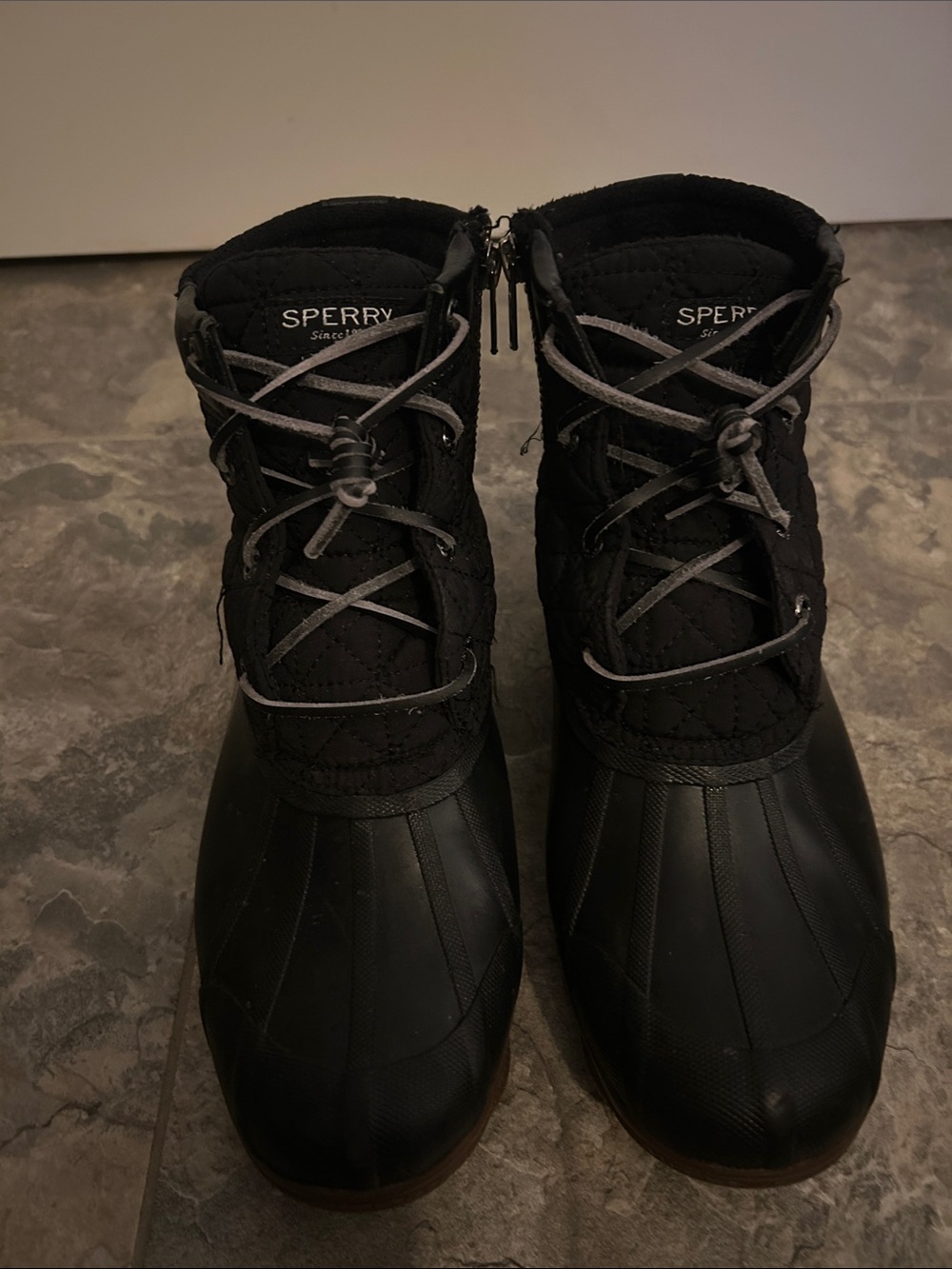 Sperry Black Quilted Ankle Duck Boots with Brown Soles